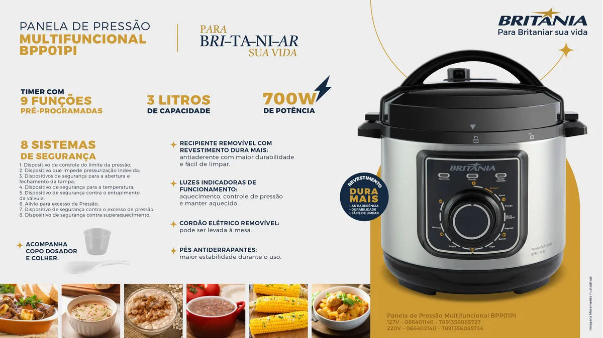Panela de Pressão Britânia BPP01PI Multifuncional 3L - 127V
