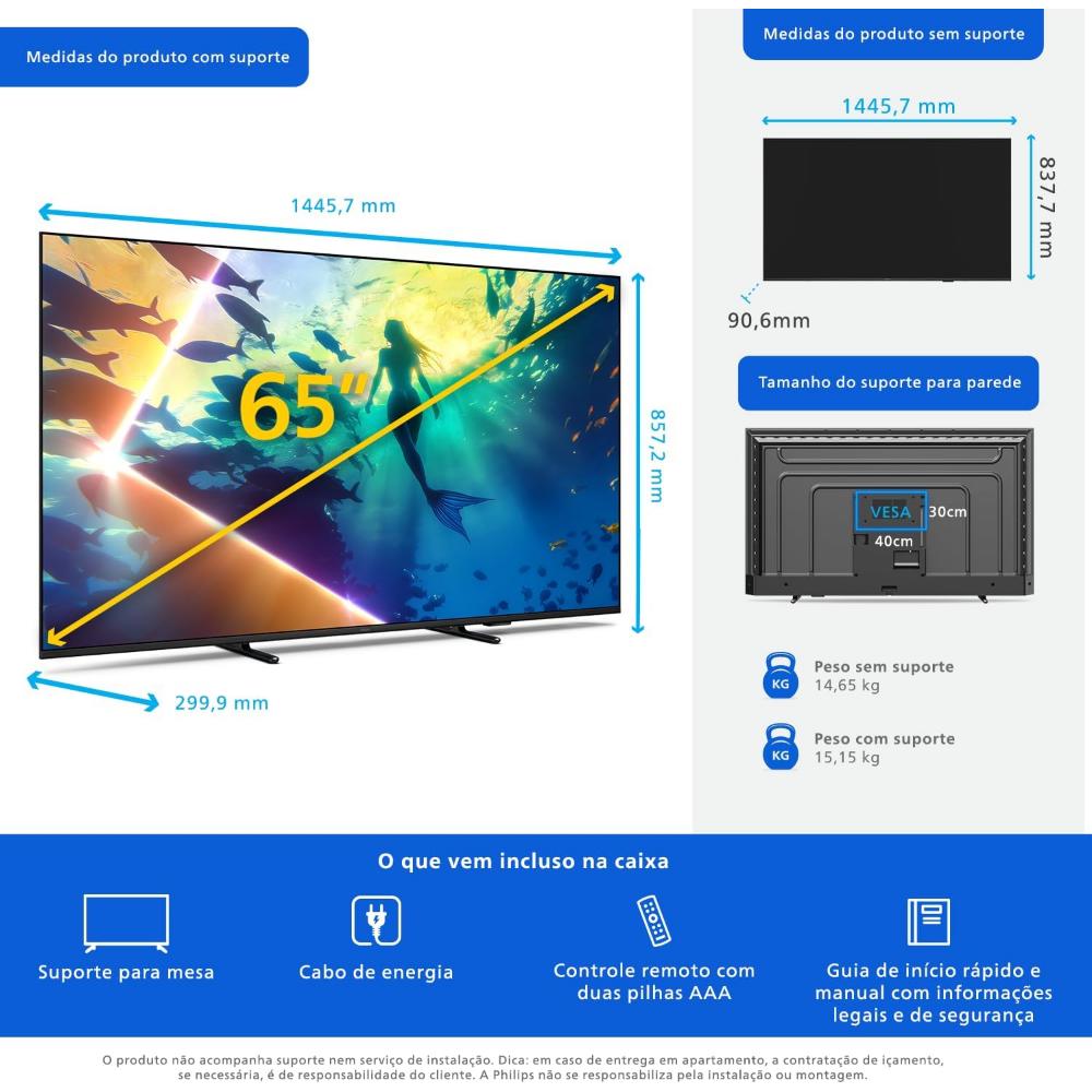Smart TV 65 polegadas Philips 4K Ambilight 65PUG8100/78 Titan OS HDR10+ Dolby Atmos