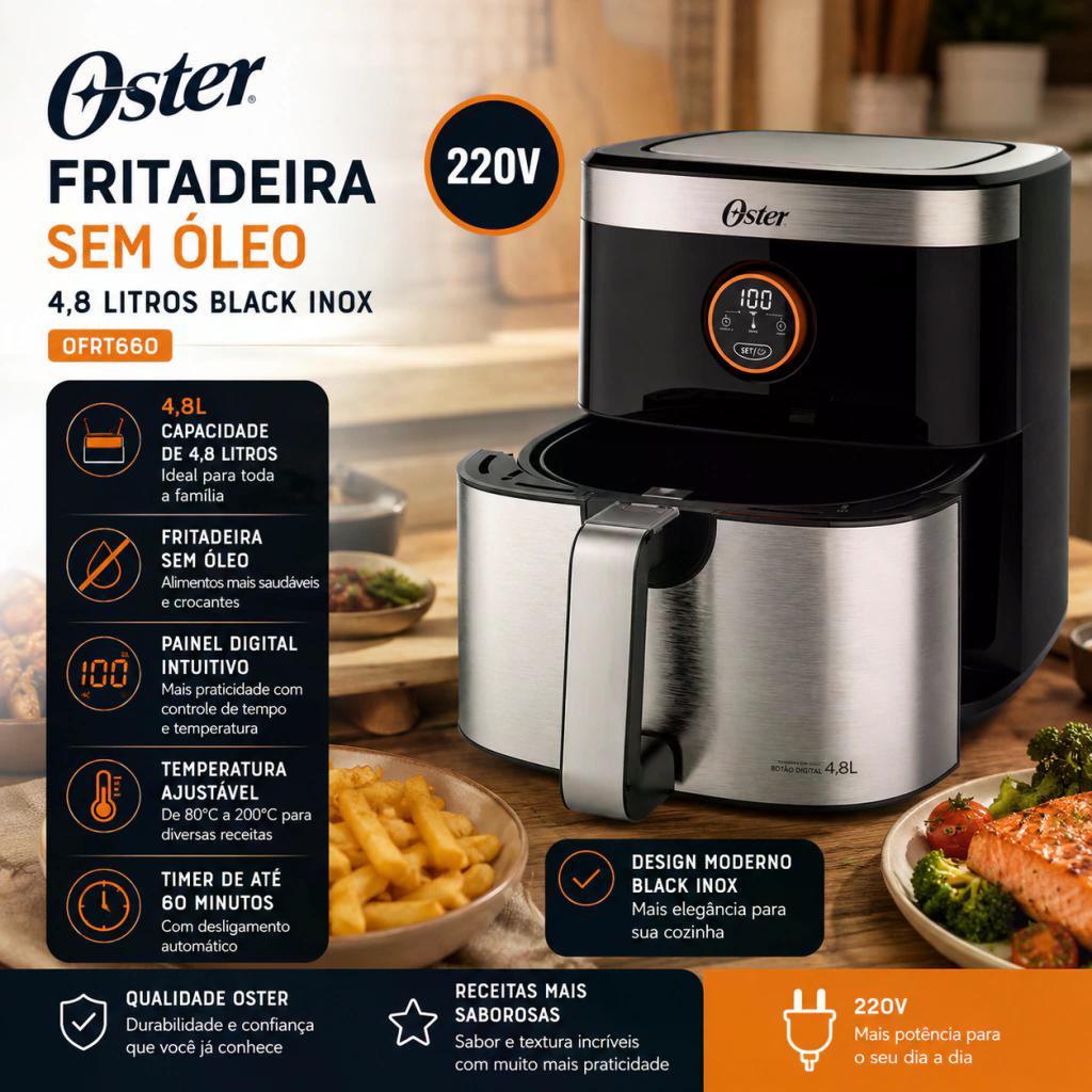 FRITADEIRA OSTER BLACK&INOX SEM ÓLEO, 4,