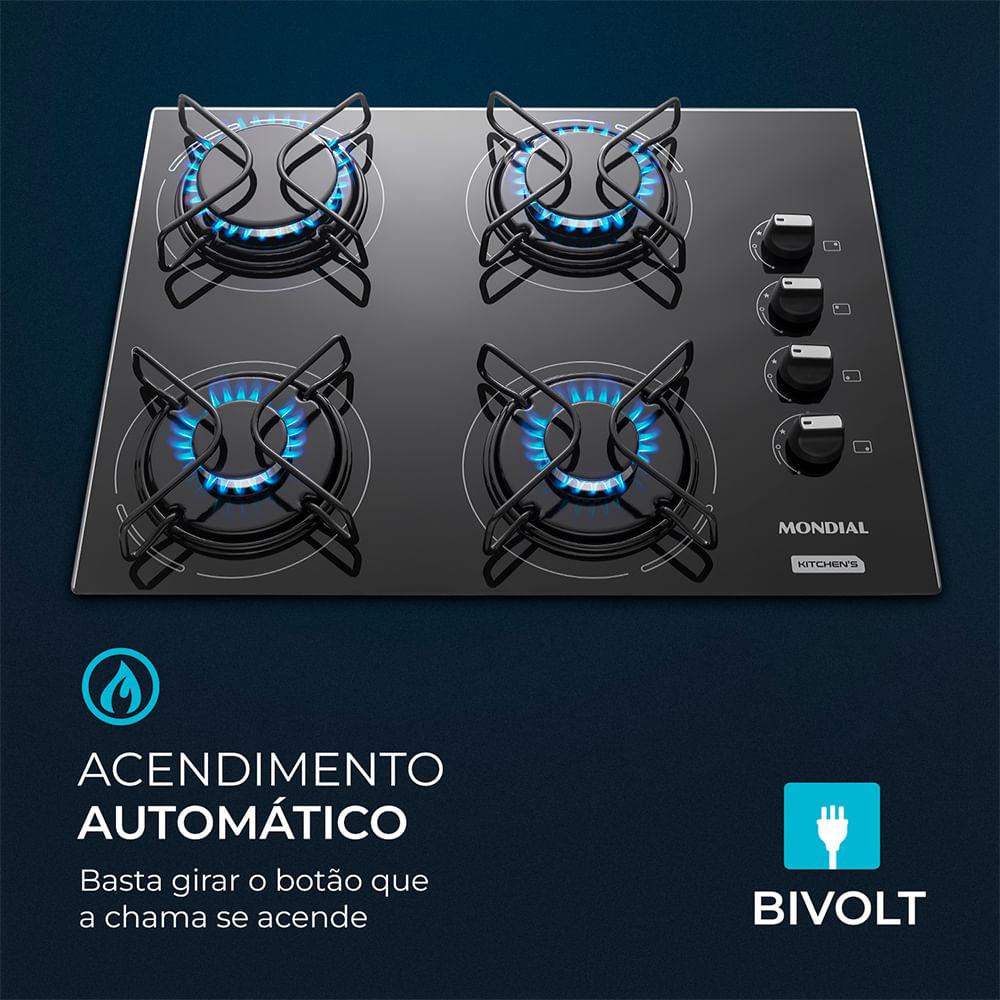 COOKTOP GÁS 4 BOCAS PRETO/INOX CTG01