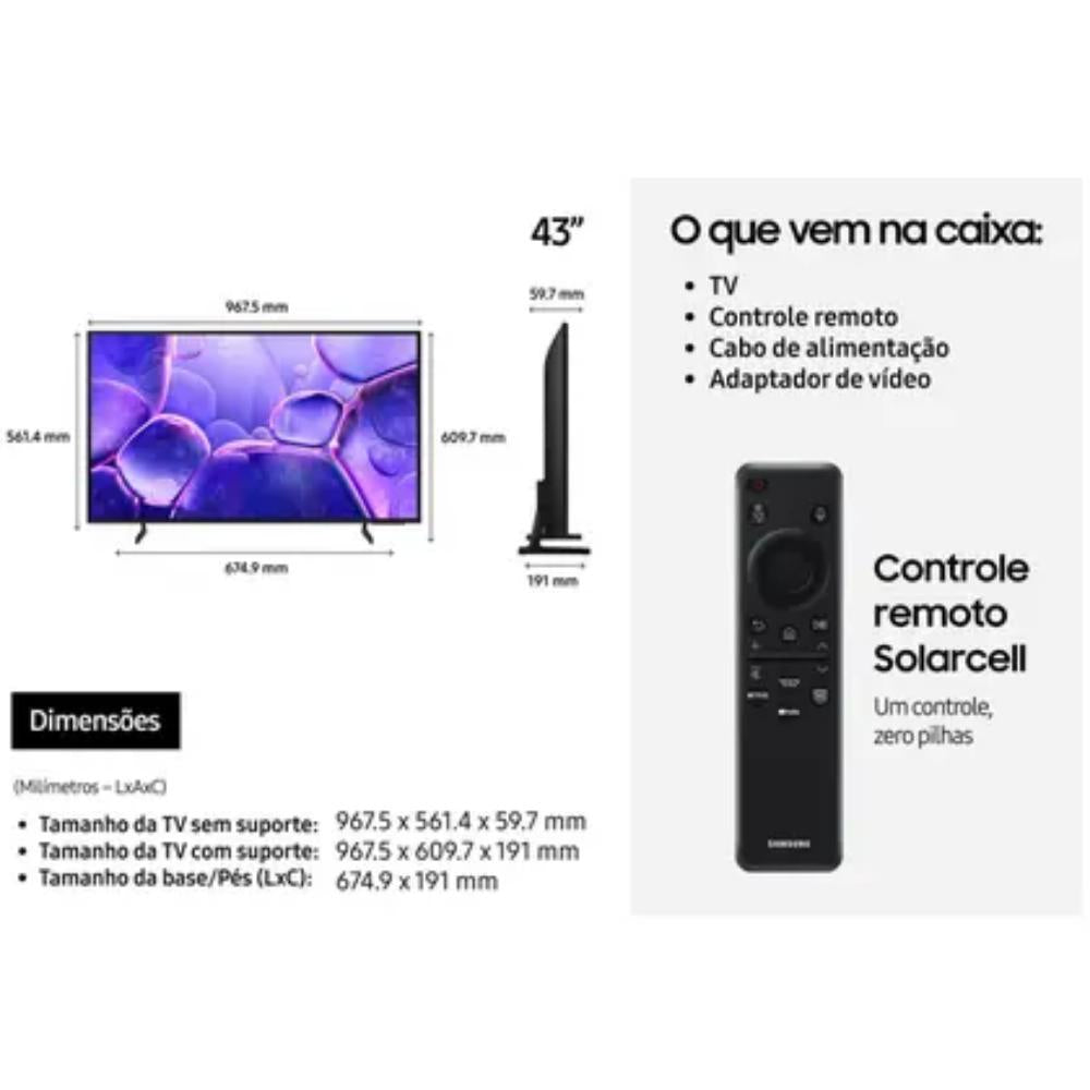 Smart TV Samsung 43 polegadas Crystal UHD 4K UN43U8100 HDR10+ Preta