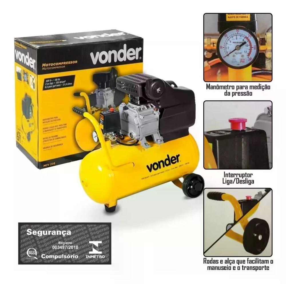 Motocompressor De Ar 21,6l Mcv 216 Vonder Cor Amarelo Fase Elétrica Monofásica Frequência 60 Hz