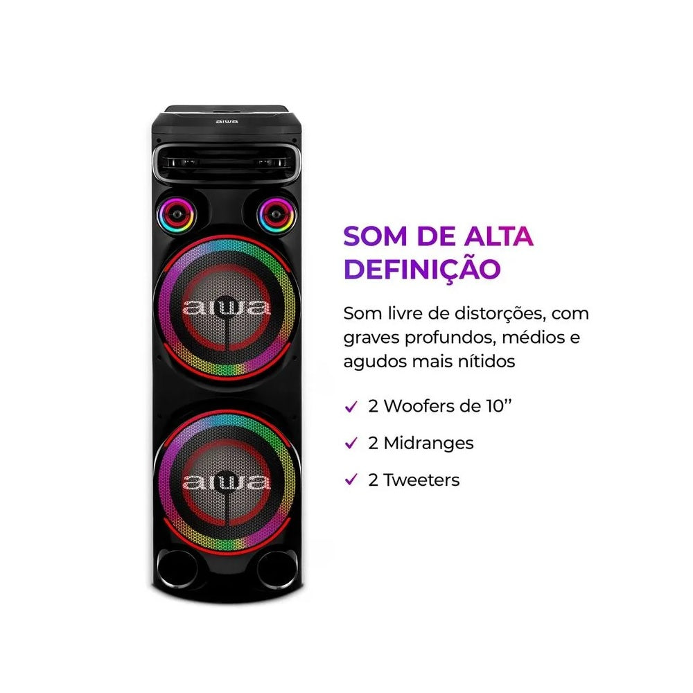 Torre de Som Aiwa T2W-02 2300w 2Woofers10" Bluetooth RGB USB