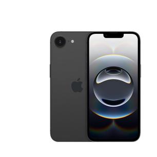 Apple iPhone 16e 128GB preto, vista frontal e traseira com tela ligada