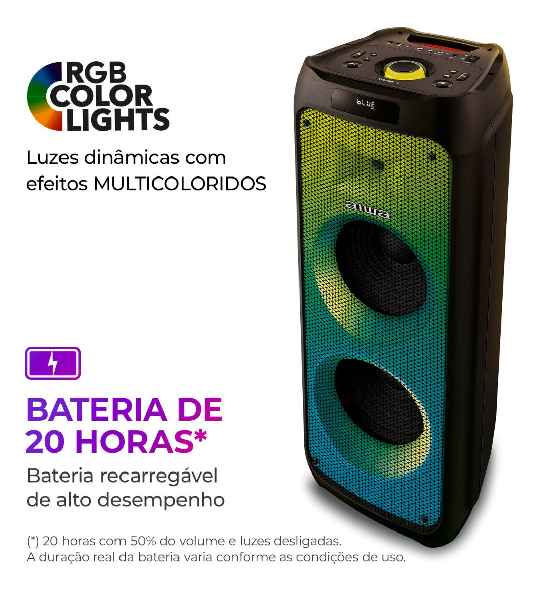 Caixa de Som PartyBox AIWA PB-06 Bluetooth 20H RGB USB TWS Preto