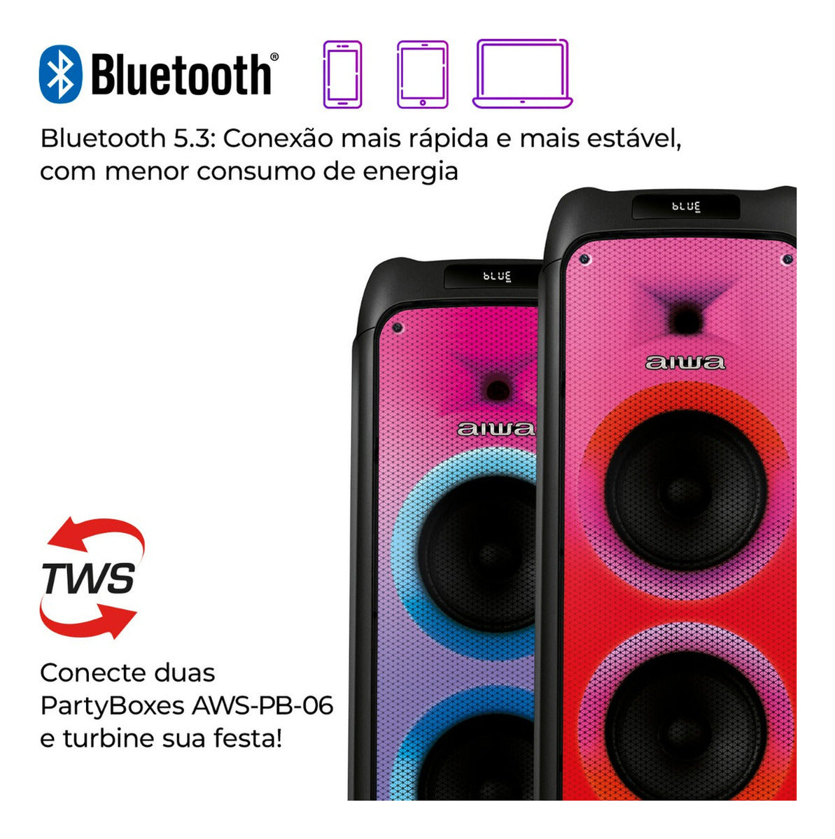 Caixa de Som PartyBox AIWA PB-06 Bluetooth 20H RGB USB TWS Preto