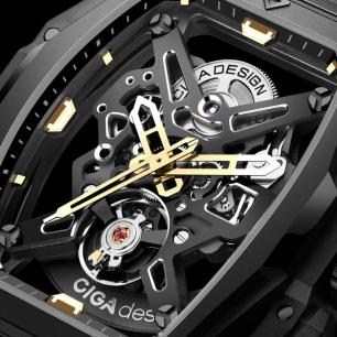 Relógio Masculino CIGA design Hunter Esqueleto Calibre CD-07 Aço 316L DLC Safira 43mm Preto e Dourado