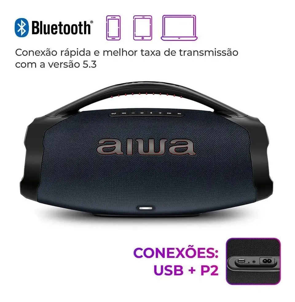 Caixa Boombox Plus AIWA BBS-01-LBL 200W BT 30H IP66 USB RGB