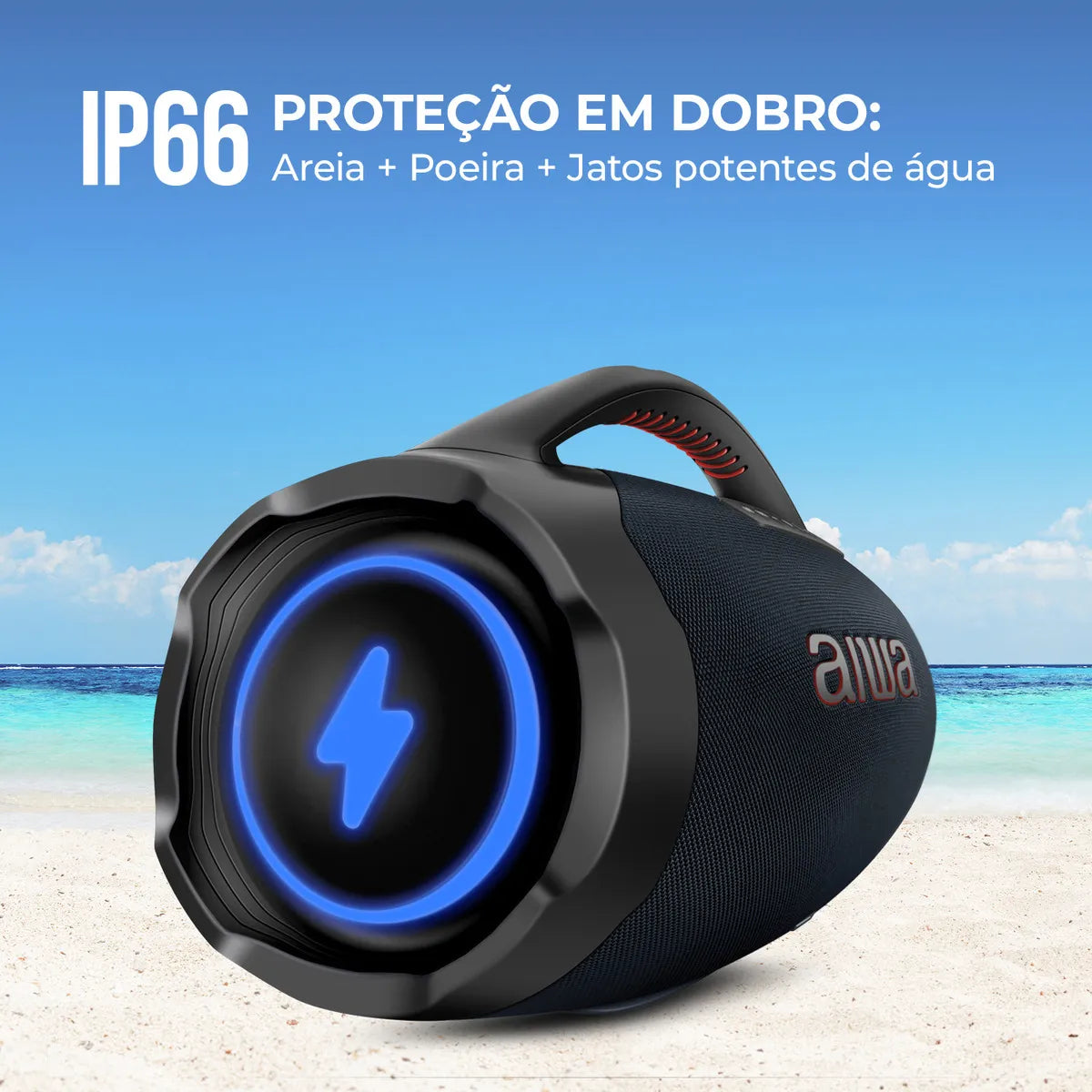 Caixa Boombox Plus AIWA BBS-01-LBL 200W BT 30H IP66 USB RGB