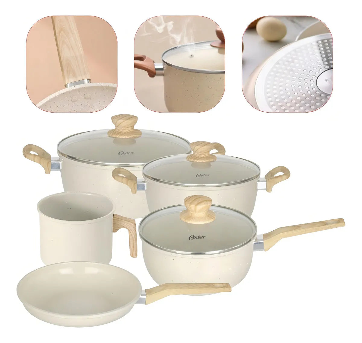 Conjunto De Panelas E Leiteira 5 Peças Marble Edition Cream