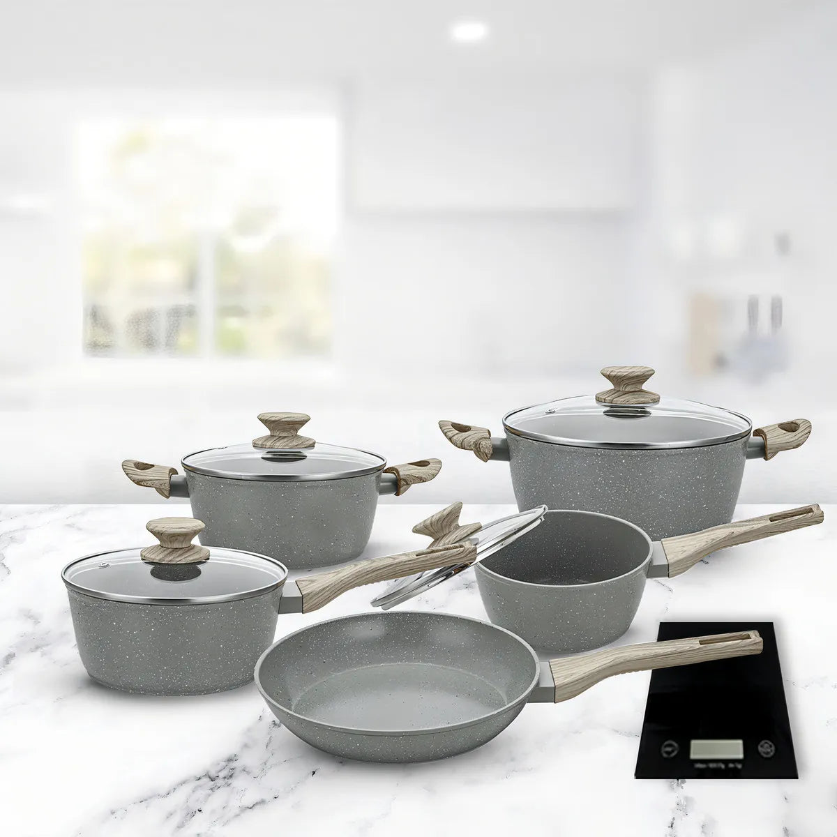 Jogo De Panelas 5 Peças + Balança Digital Marble Cappuccino