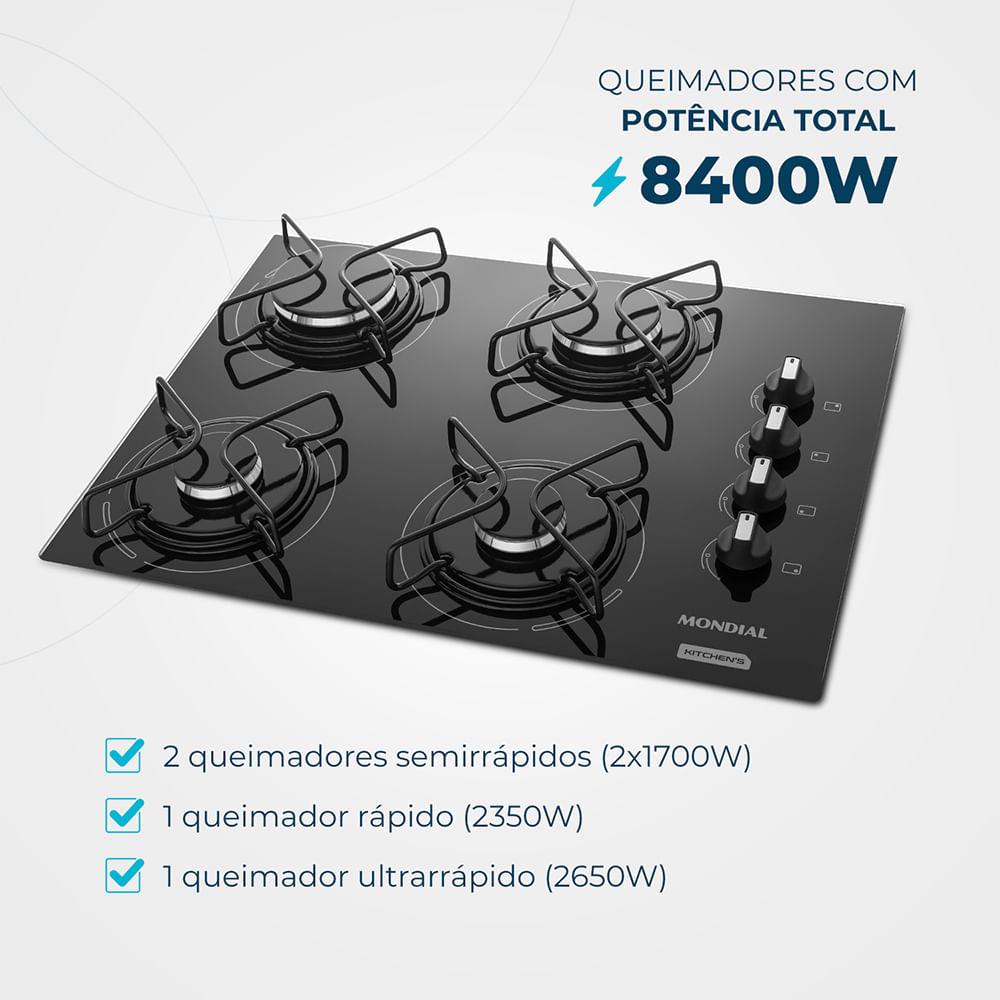 COOKTOP GÁS 4 BOCAS PRETO/INOX CTG01