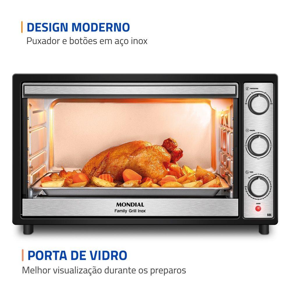 Forno Elétrico 60L Family Grill Inox Mondial Preto e Inox 1800W FRN60BI 127V