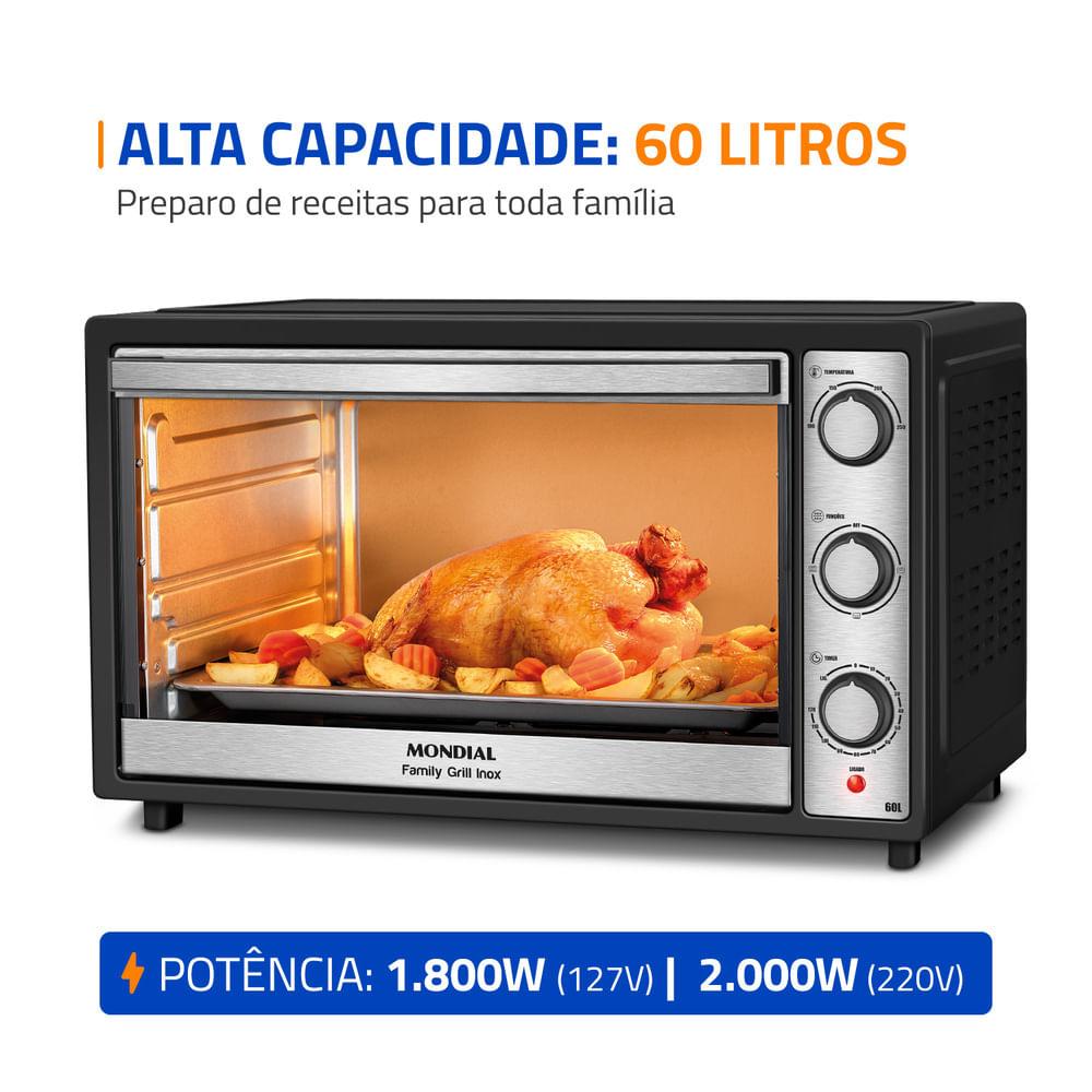 Forno Elétrico 60L Family Grill Inox Mondial Preto e Inox 1800W FRN60BI 127V
