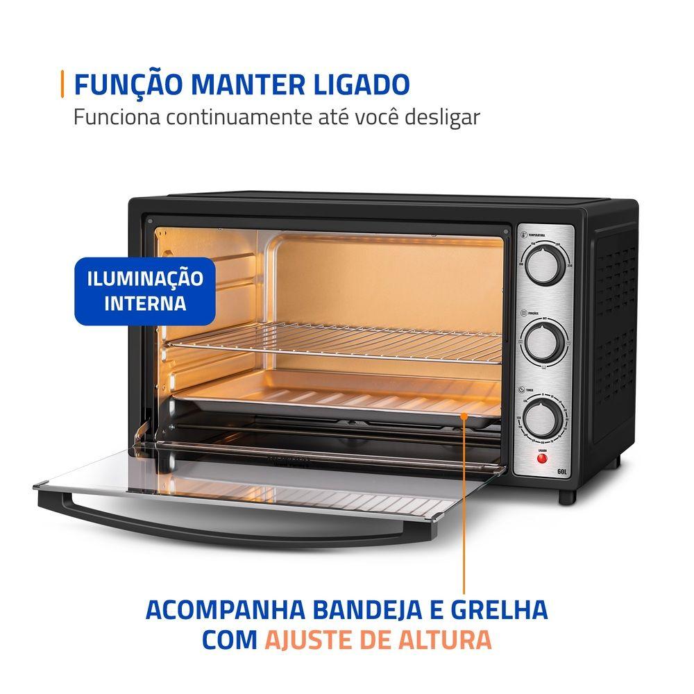 Forno Elétrico 60L Family Grill Inox Mondial Preto e Inox 1800W FRN60BI 127V