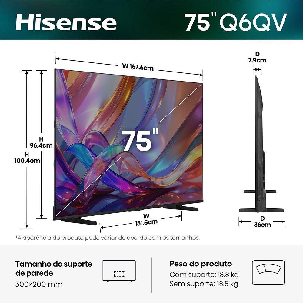 Smart TV Hisense 75 polegadas QLED 4K Vidaa U9 75Q6QVV Dolby Vision HDR10+