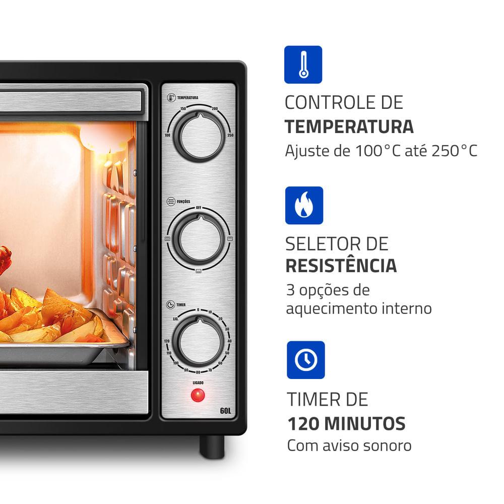 Forno Elétrico 60L Family Grill Inox Mondial Preto e Inox 1800W FRN60BI 127V