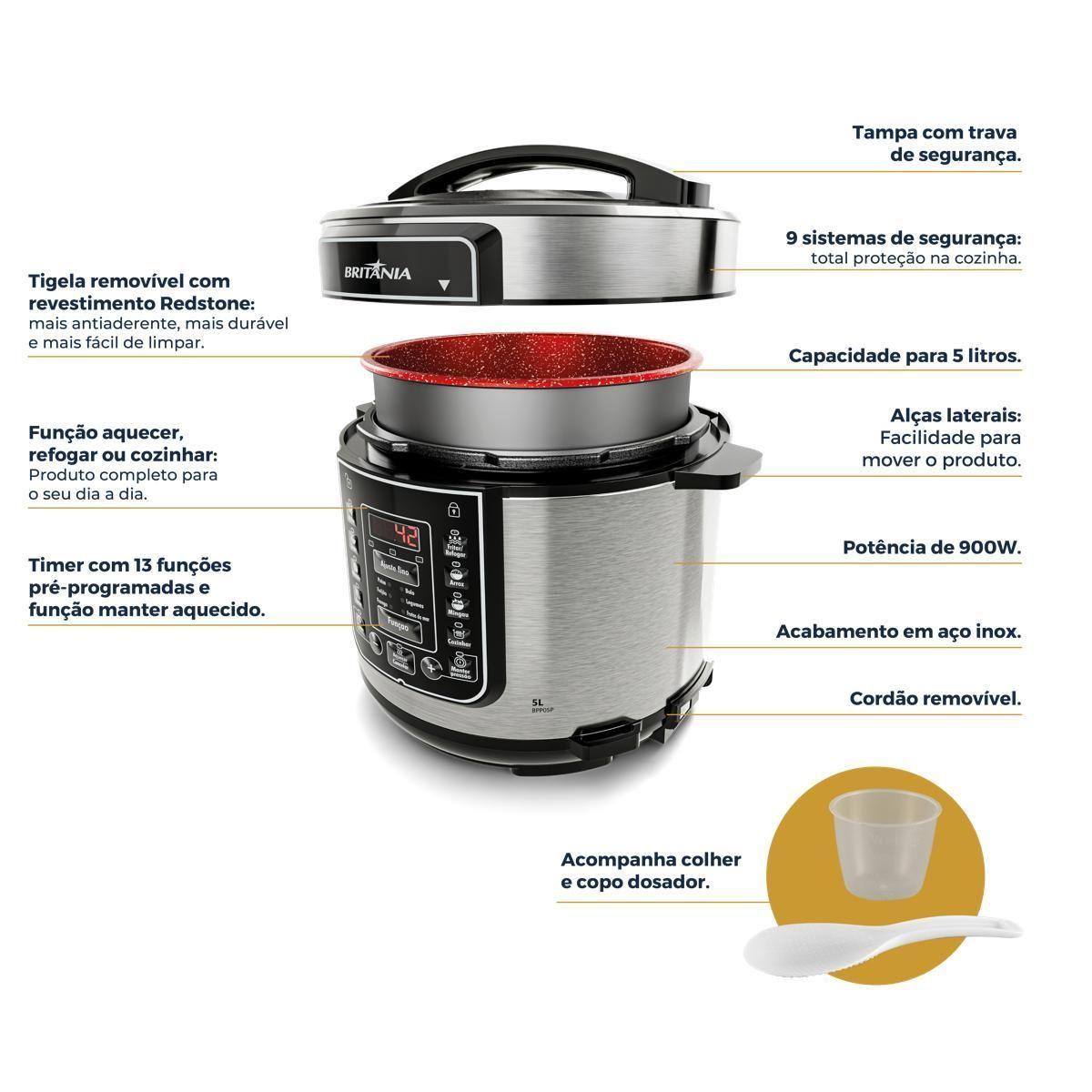 Panela de Pressão Britânia 5L 13 Receitas 900W BPP05P Preto 220V