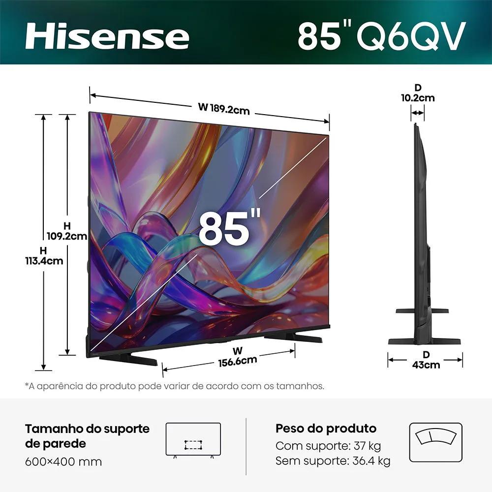 Smart TV Hisense 85 polegadas 85Q6QVV QLED 4K UHD Vidaa U9 Dolby Vision e Dolby Atmos